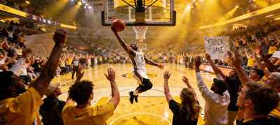 篮球比赛现场观众欢呼与球员投篮的精彩瞬间